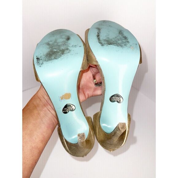 Betsey Johnson Formal Heels Rhinestone Ankle Strap Stiletto Gold Prom Wedding 9M - Picture 13 of 15